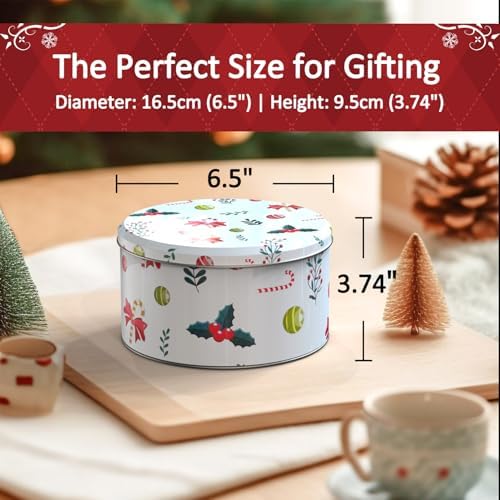 Chiristmas ornament Style Cookie Tin, 6Packs Metal Round Cookies Containers, Tin with Lid for Xmas, Multicolor 16.5 * 16.5 * 8.5Cm