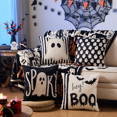 Halloween Decor Pillow Covers 18x18 Inch,Set of 4 Halloween Decorations Outdoor Indoor Throw Pillow Covers, Hey Boo Cute Spooky Ghost Black Striped Linen Cushion Case for Home Sofa Couch Bed Chair