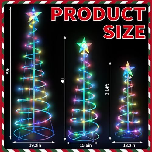 Set of 3 Christmas Spiral Tree Lights, 3/4/5 FT Holiday Decor, Multicolor
