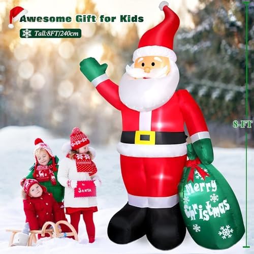 8 FT Christmas Inflatable Santa Claus Outdoor Decoration for Yard, Blow up Santa Decor with Big Gift Bag, Built-in LED Lights for Garden Patio Lawn Home Indoor Winter Holiday Party, IP44 Weatherproof