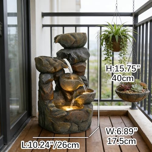 15.7" Resin Outdoor Stone Bowl Water Fountain with LED Lights