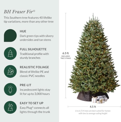 Balsam Hill BH Fraser Fir - Full Christmas Tree with Most Realistic True Needle Foliage, Easy Plug Technology & Multiple Height and Lighting Options, Clear Incandescent, 6.5ft
