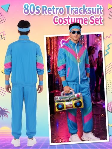 SOMSOC 80s Tracksuit for Men Women Halloween Costume Retro Windbreaker Set Neon 90s Outfit Couple Jogger Suit