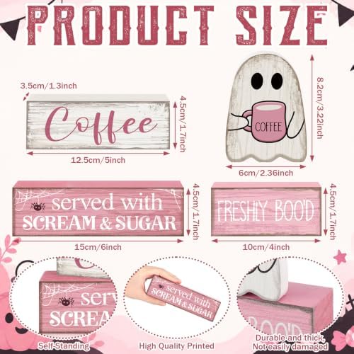 Moucuny 4 Pcs Pink Halloween Table Decorations Coffee Ghost Wooden Blocks