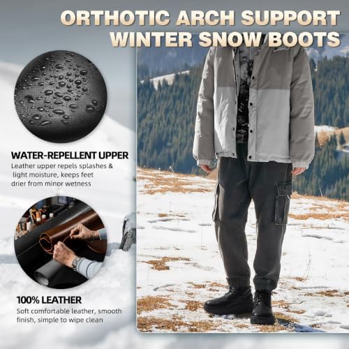 OrthoComfoot Orthopedic Diabetic Winter Leather Ankle Boots for Men, Comfortable Casual Wide Width Arch Support Warm Snow Boots for Relief Plantar Fasciitis, Bunions, Swollen Feet & Foot Pain