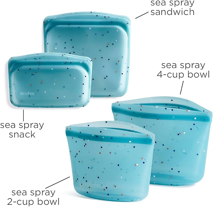 Stasher Silicone Reusable Food Storage Bags, 4-Pack, Reusable Freezer Bags, Microwave, Dishwasher, Oven Safe, Sous Vide, Premium Lunch Containers, Eco Friendly, Food-safe Silicone Snack Bag, Sea Spray | Food-Safe Silicone, BPA-Free, Leak-Free, Eco-Frie...
