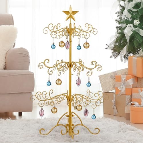 3ft Gold Wrought Iron Christmas Tree with Star Top, Metal Ornament Display Stand for Holiday Decor, Indoor Outdoor Party Decoration Tree