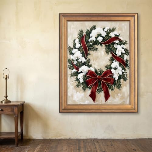 Framed Canvas Wall Art Expressive Painterly Evergreen Wreath Snow White and Red Accents Canvas Print Poster Gold Frame Wall Decor for Living Room Winter Art, Holiday Decor - Inch 24x36
