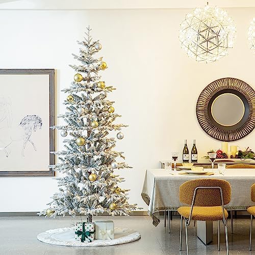 Glitzhome Christmas Tree with Lights, 8ft Deluxe Flocked Artificial Prelit Christmas TRE with 1523 PE&PVC Branch Tips, Majestic Frostfall Fir Hinged Xmas Tree w/450 Warm White Lights, Easy Assembly