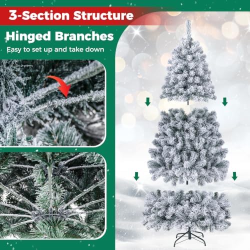 HAPPYGRILL 6FT Pre-Lit Christmas Tree Premium PVC Needles, 600 Branch Tips Flocked Snow Hinged Pine Tree with Solid Metal Stand 250 LED Lights Ideal for Holiday Decoration