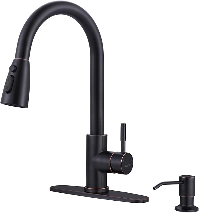 Oil-Rubbed Bronze Kitchen Faucet with Soap Dispenser, WOWOW Stainless Steel Kitchen Faucets for Sink, Pull Down Kitchen Faucet Single Handle High Arc Kitchen Sink Faucet with Deck-Plate