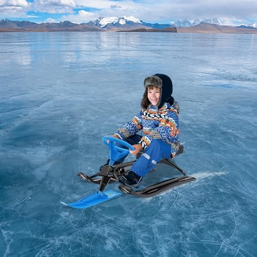 Kids Snow Sled with Steering Wheel & Seat, 220 lbs Capacity Winter Snow Skis for Children Ages 3-15, Kart Style Ski Sled for Snow Sand & Ice, Heavy Duty Steel Frame All-Terrain Sled for Adults