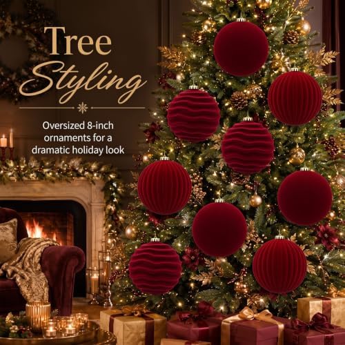 Hollowfly 6 pcs 6 in Burgundy Red Large Velvet Christmas Balls Ornaments