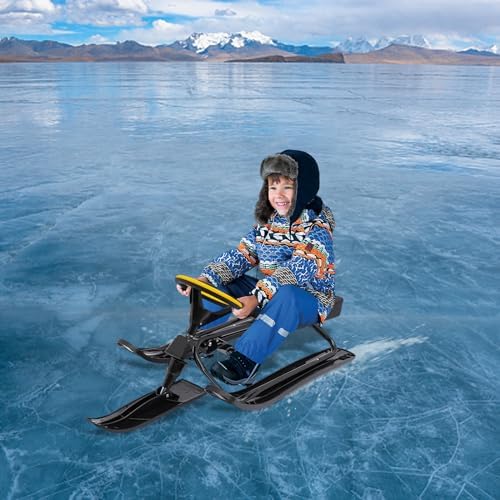 Snow Sled, Baby Sled with Steering Wheel Double Brakes, Durable Steel Frame Ice Fishing Sled for Skiing, Ice Skating, and Sand Skiing, can Bear 220 Lbs, Black