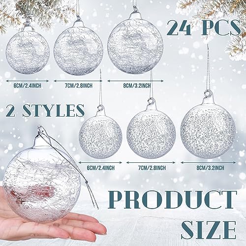 Uiifan 24 Pcs Clear Glass Christmas Ornaments Balls Bulk Blown Glass Christmas Tree Ornaments Assorted Size Iridescent Balls Xmas Tree Home Decorations (2.36 in,2.76 in,3.15 in)