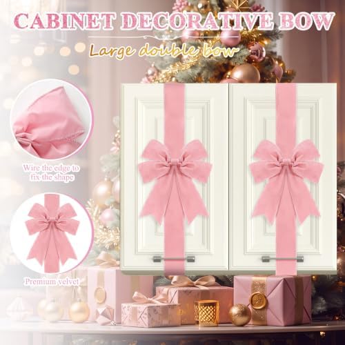 Daifunli 6 Pcs Pink Velvet Christmas Cabinet Bows Ribbons for Kitchen