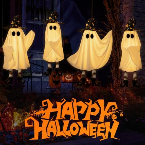 Halloween Decorations Outdoor Indoor, 4pcs Hanging Ghost Decor with Light, Adjustable Arm Swinging Witch Hat Ghosts for Halloween Decor, Perfect for Yard, Patio, Garden, Tree (Includes 24 Batteries)