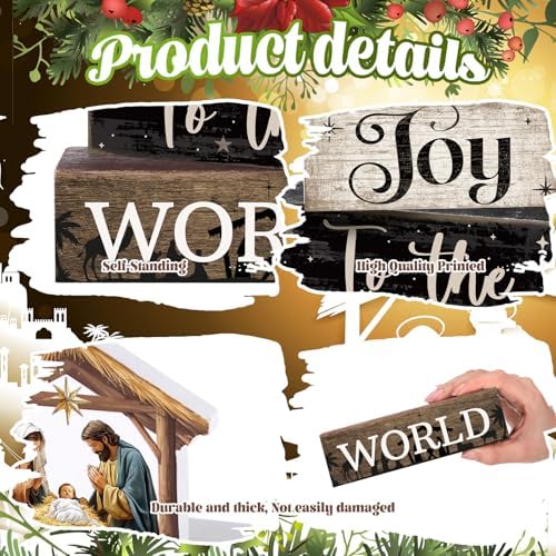 Moucuny 4 Pcs Christmas Table Decoratons, Christian Joy to The World Signs