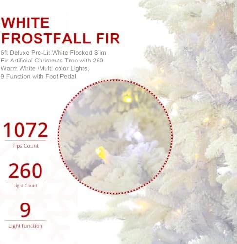 Glitzhome 6ft Prelit Artificial Christmas Tree, Slim White Frostfall Fir Xmas Tree with 260 Warm White & Multi-Color Lights, 1,056 PE&PVC Tips, Flocked Christmas Tree for Indoor Holiday Spaces