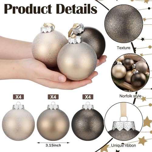 Yunlly 12 Pcs Neutral Christmas Ornament, Bronze Champagne Gold, 3.15''