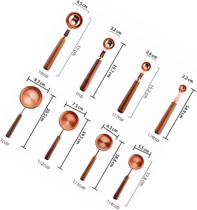 Unomor 8pcs Walnut Handle Measuring Cups and Spoons Set, Golden Stainless Steel Baking Tools with Double Graduated Units, Easy to Use Multifunction Kitchen Gadgets for Precise Ingredient