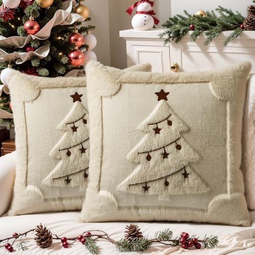 Faux Fur Christmas Pillow Covers 16x16 Set of 2