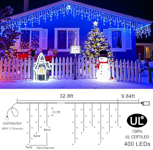 33FT Icicle Lights for Outside 400 LED Blue Christmas Lights Outdoor
