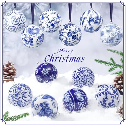 Cindeer 12 Pcs Blue and White Christmas Porcelain Balls, Groovy Style
