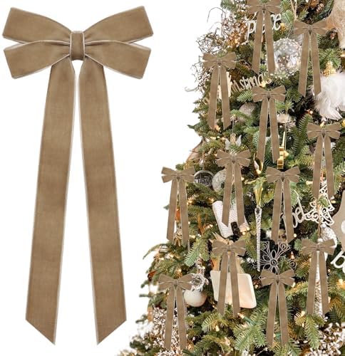 12Pcs Neutral Velvet Ribbon Bows Christmas Tree Decorations,5in x 10in Vintage Xmas Ornaments for Tree Home Party Front Door Wreath Garland Holiday Decor