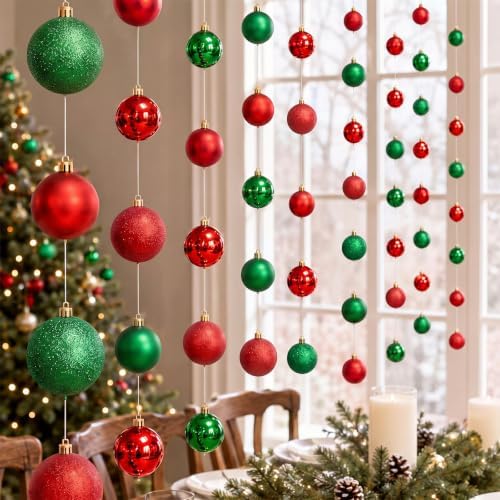 6 Pcs Christmas Ball Garland 6.6 ft Hanging Ornaments Strand, Red and Green