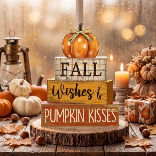 Moucuny 4 Pcs Fall Pumpkin Decor Fall Decorations for Home Wooden Pumpkin Decor Thanksgiving Table Centerpiece Rustic Autumn Stacked Block Signs Farmhouse for Harvest Party Home Kitchen