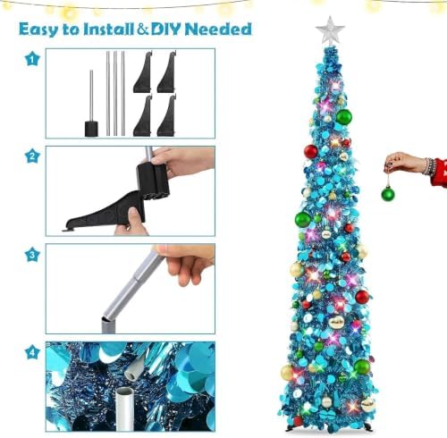 N&T NIETING Pop Up Christmas Tree with Lights & Ornaments, 6FT, Blue