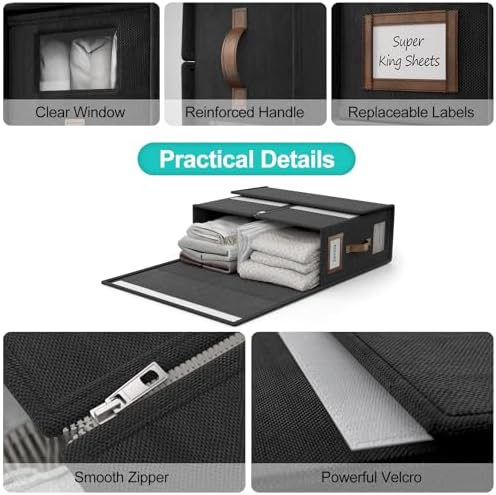 6 Pack Bed Sheets Organizers And Storage,Sheets Set Folder Keeper with Handle,Foldable Bedding Storage Box For Linen Closet,Duvet Cover(Cal King Size-5.2 Gal,Black)