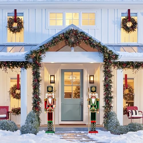 Bunny Chorus 2pcs Large Metal Nutcracker Christmas Yard Signs, Outdoor Lawn Pathway Decorations, Heavy Duty Iron Holiday Garden Stakes, Home Winter Walkway Driveway Front Porch Yard Decor