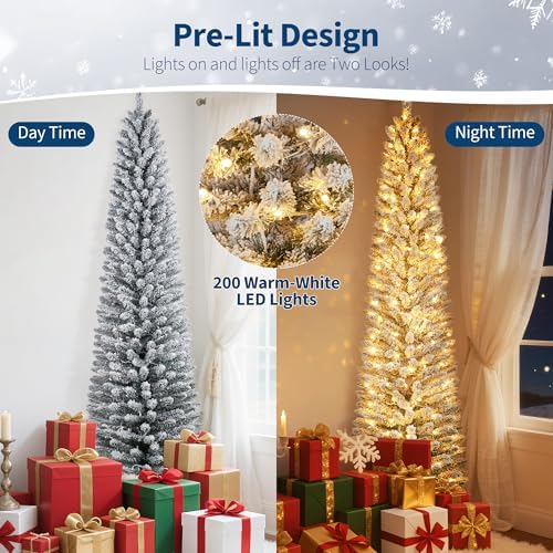 Garvee 7.5FT Pencil Prelit Christmas Tree, Snow Flocked Xmas Tree