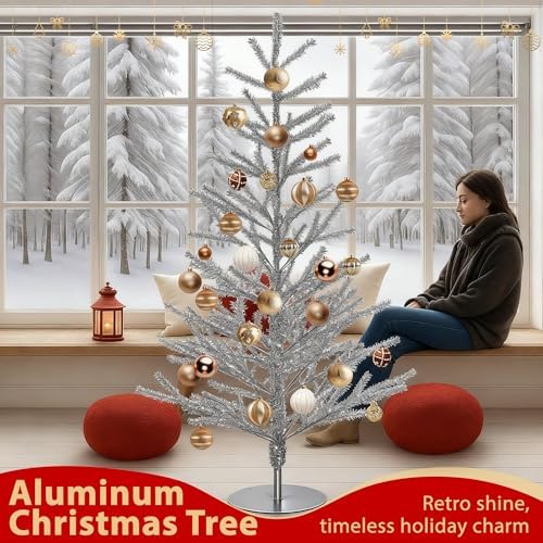4ft Silver Tinsel Christmas Tree, Retro Aluminum Christmas Tree