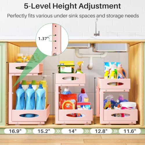 Under Sink Organizer, 2 Tier Pull out Cabinet Organizer Baskets with Mesh Sliding Drawers, Slide out Storage Shelf for Home, Kitchen, Bathroom, Pantry, Office Cabinet(1 Pack, Pink)