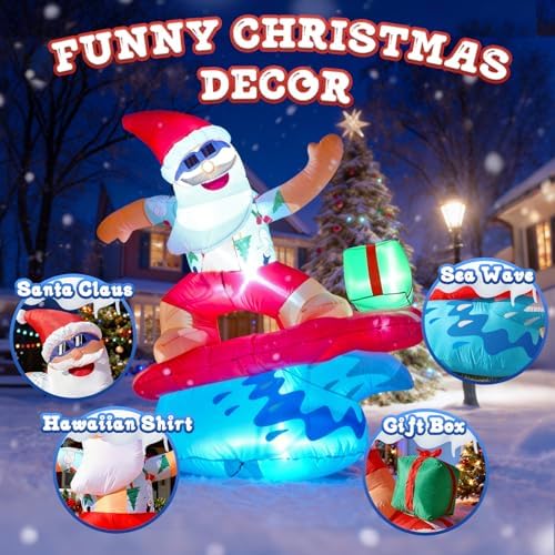 6FT Surfing Santa Inflatable with Lights for Yard Christmas