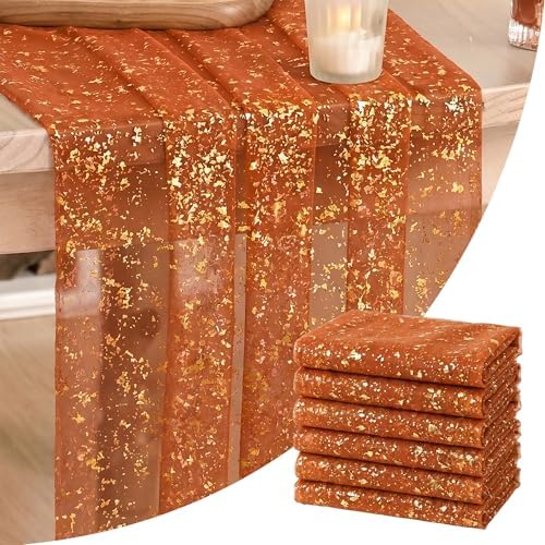 Artoid Mode 6PCS Caramel Gauze Gold Table Runner 120 Inch 10FT, Glitter Metallic Foil Sheer Dining Wedding Anniversary Holiday Table Decor for Home Party