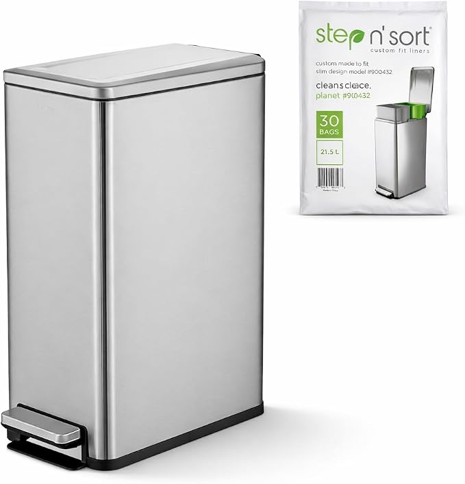 Step N’ Sort Slim Dual Recycling Bin 43L (2 x 21.5L) – Soft Close Kitchen Trash Can – Space Saving Stainless Steel – Removable Buckets