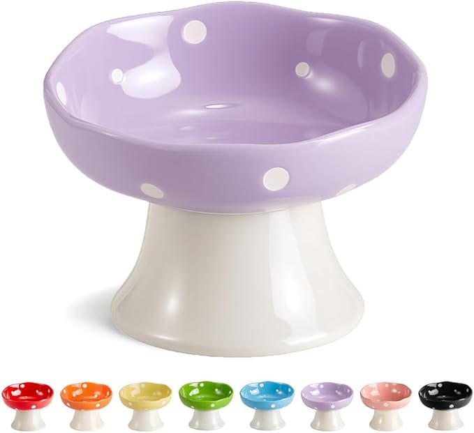 Purple Mushroom Cat Bowl, Elevated Ceramic Bowl for Cats | Elevated, Ceramic, Whisker Friendly, Wide Opening, Dishwasher Safe,durable