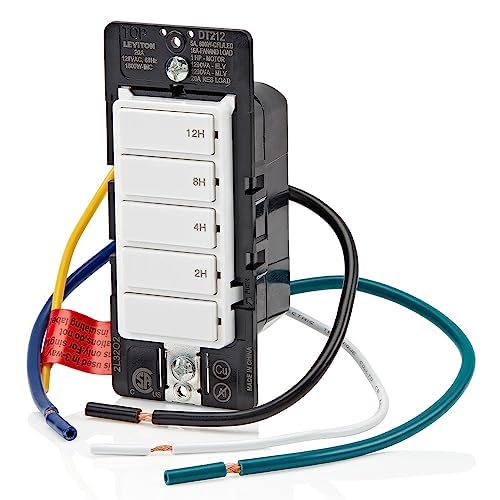 Leviton Countdown Switch for lights, attic, heaters, pool pumps, 2-4-8-12 hour, Neutral Wire Required, 20A, 1 HP/16A Fan/Motor, Single Pole, Multi-Way or Multi-Timer, DT212-1LW, White
