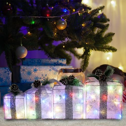 Set of 4 Christmas Lighted Gift Boxes, Multicolor Holiday Decor