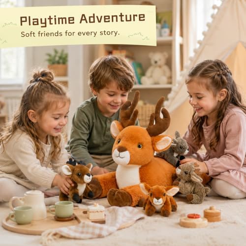 MorisMos Plush Deer Stuffed Animal, 18" Mommy Stuffed Deer with 4 Babies