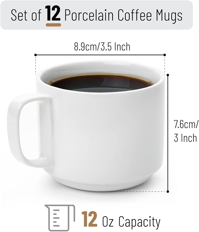 BTaT- Porcelain Stackable Coffee Mugs, 12 Pack, 12 oz, White | Ceramic Coffee Cups, Dishwasher and Microwave Safe