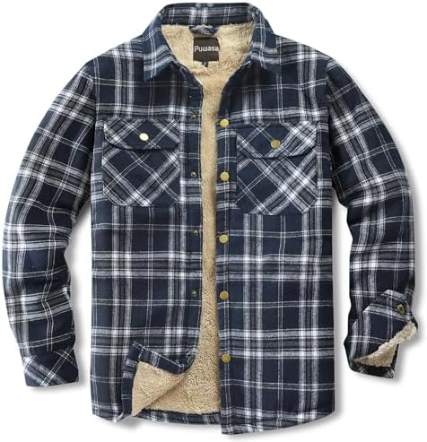Men's Sherpa Cotton Flannel Shirt Jacket Plaid Button Coat Pocket