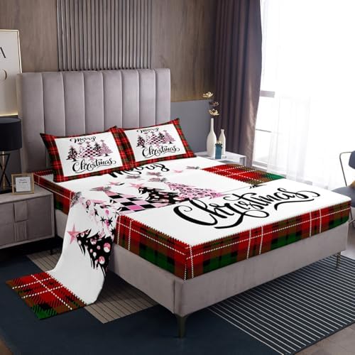 Castle Fairy Christmas Tree Sheet Set Kids Boys Girls Striped Grid Fitted Sheets Set Full Size Red Green Grid Bedding Sheet Sets Includes 1 Flat Sheet,1 Fitted Sheet,2 Pillowcases