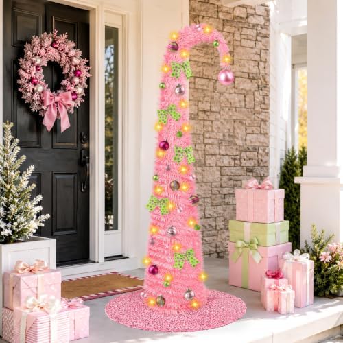 6FT Whimsical Pop-Up Christmas Tree with Lights 30” Tree Skirt, Pink