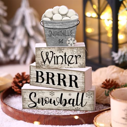 Moucuny 4 Pcs Winter Wooden Block Signs Farmhouse Table Decoration