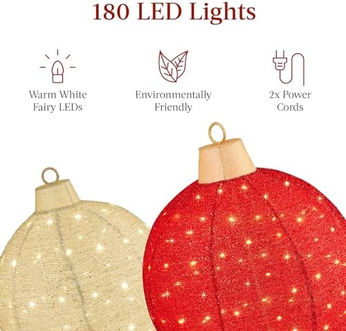 Best Choice Products 2pc Lighted Pop-Up Outdoor Christmas Ornament Set, Holiday Ball Decoration w/ 180 LED Lights, 8 Light Functions - Red/Gold